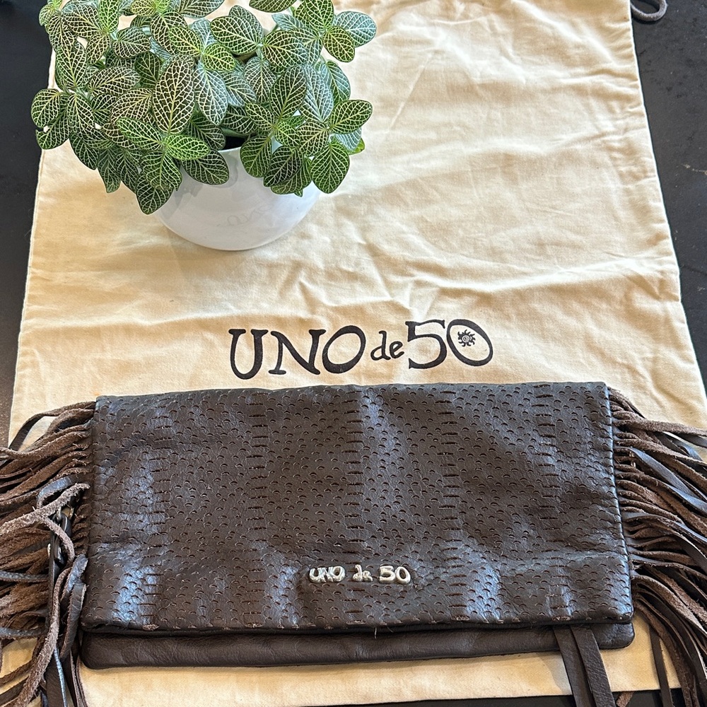 UNO de 50 Textured Brown Leather Clutch with Fringe